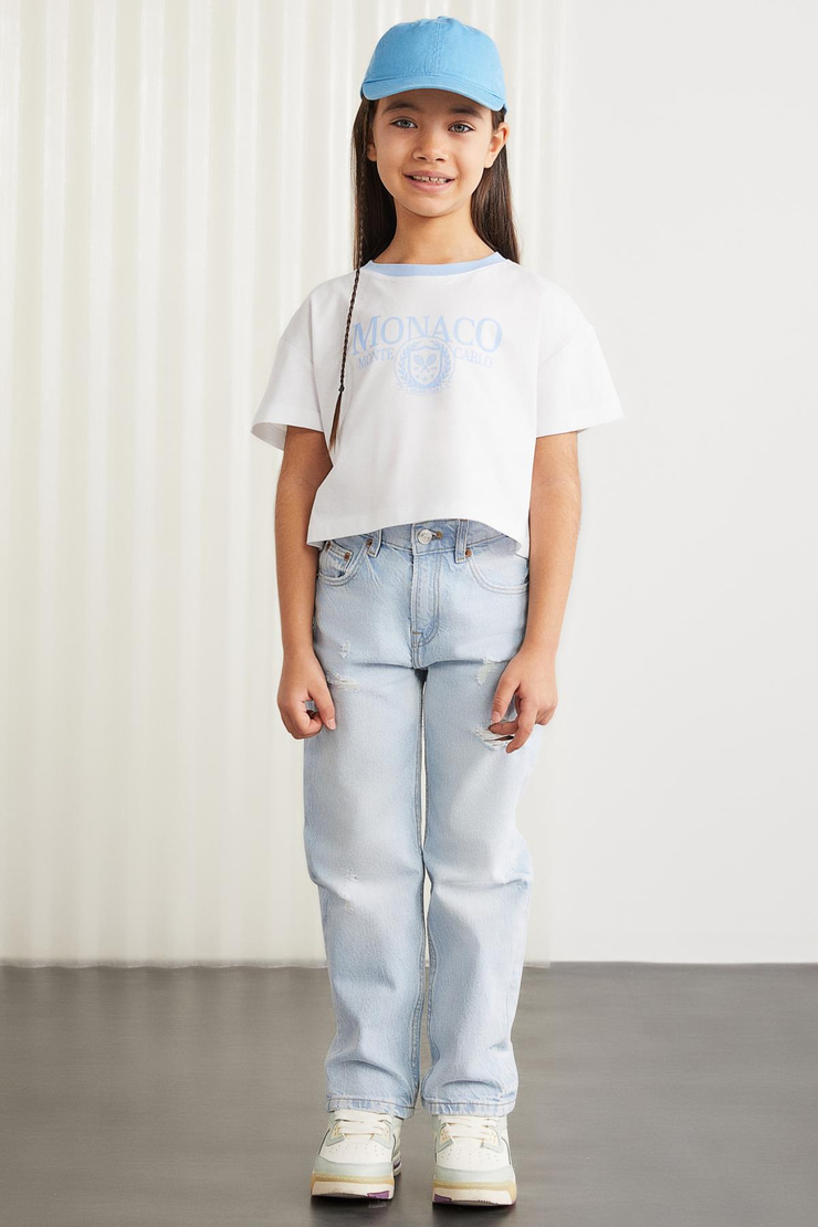 BITTEN  Crop Mavi Tekli T-Shirt