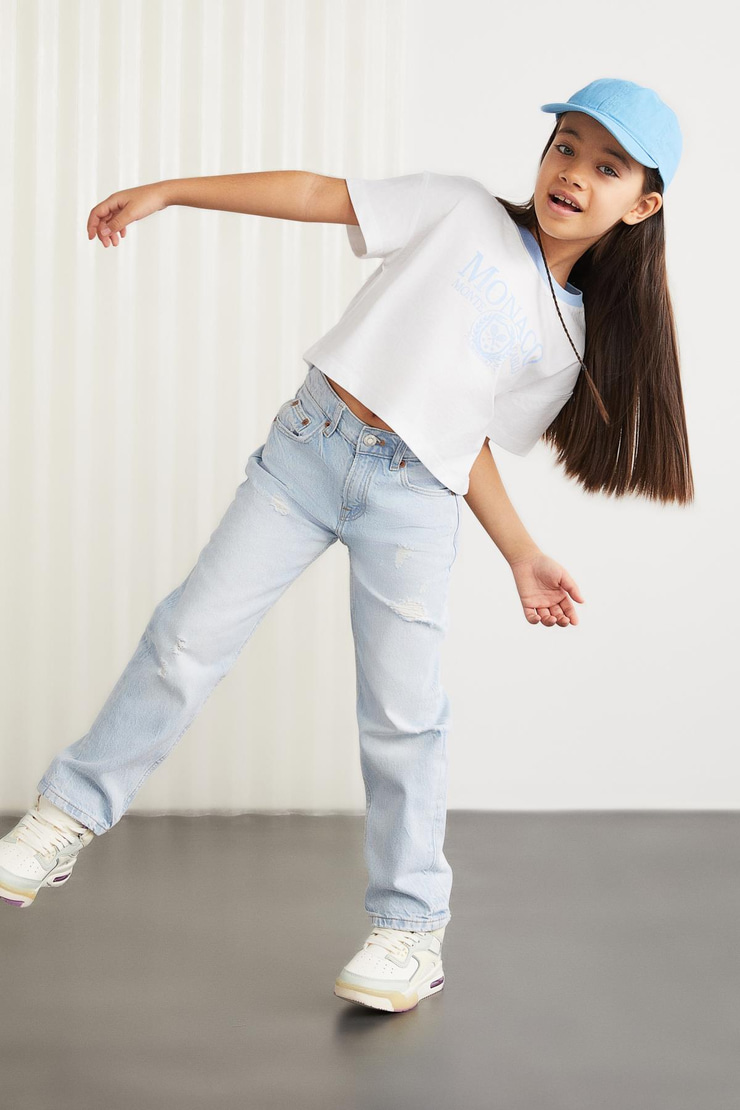 BITTEN  Crop Mavi Tekli T-Shirt