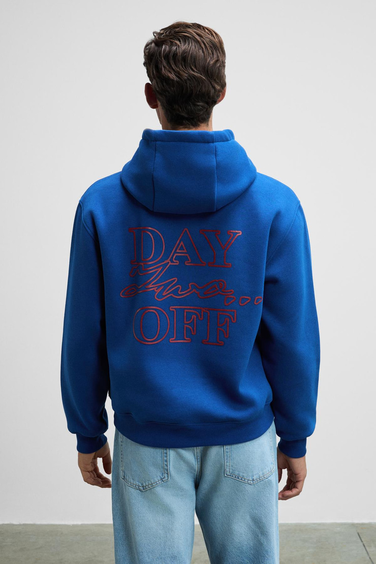 BLAISE Erkek Önü Ve Sırtı Baskılı Kapüşonlu Kordonlu Kanguru Cepli Regular Fit Mavi Sweatshirt