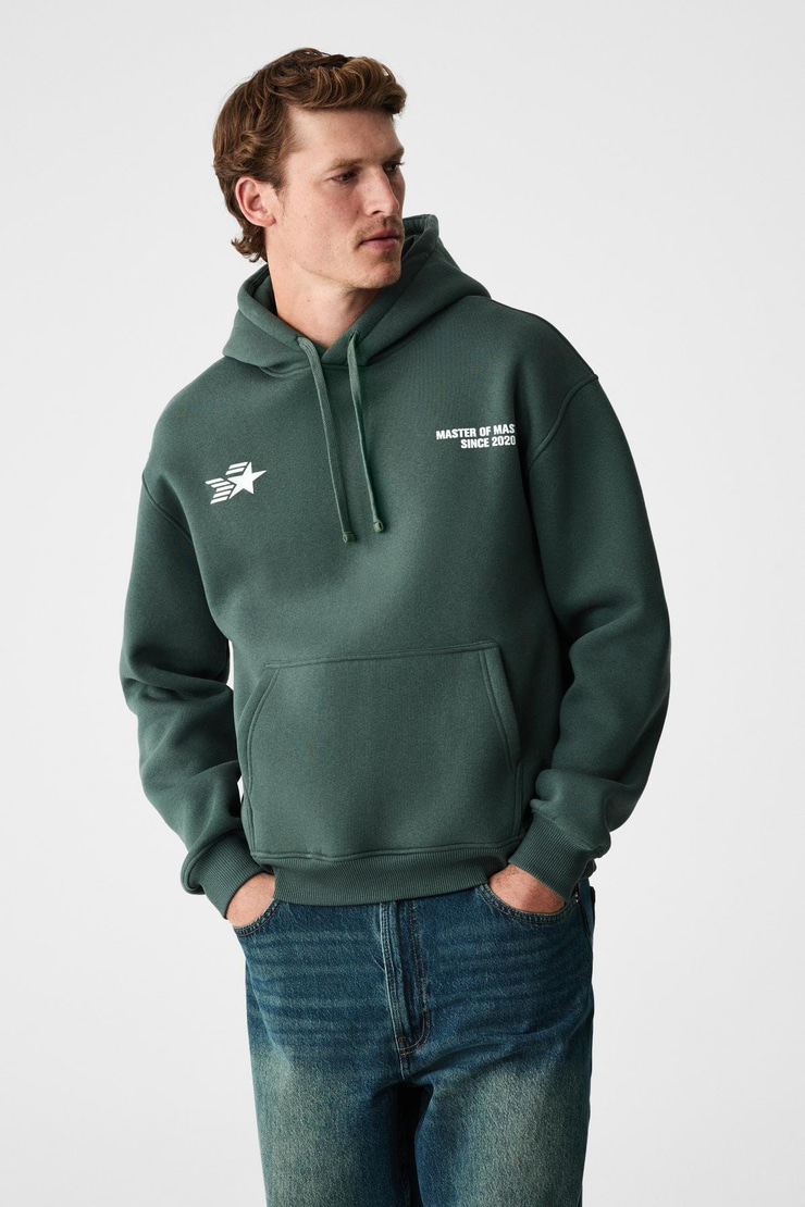 BLAISE Erkek Önü Ve Sırtı Baskılı Kapüşonlu Kordonlu Kanguru Cepli Regular Fit Yeşil Sweatshirt