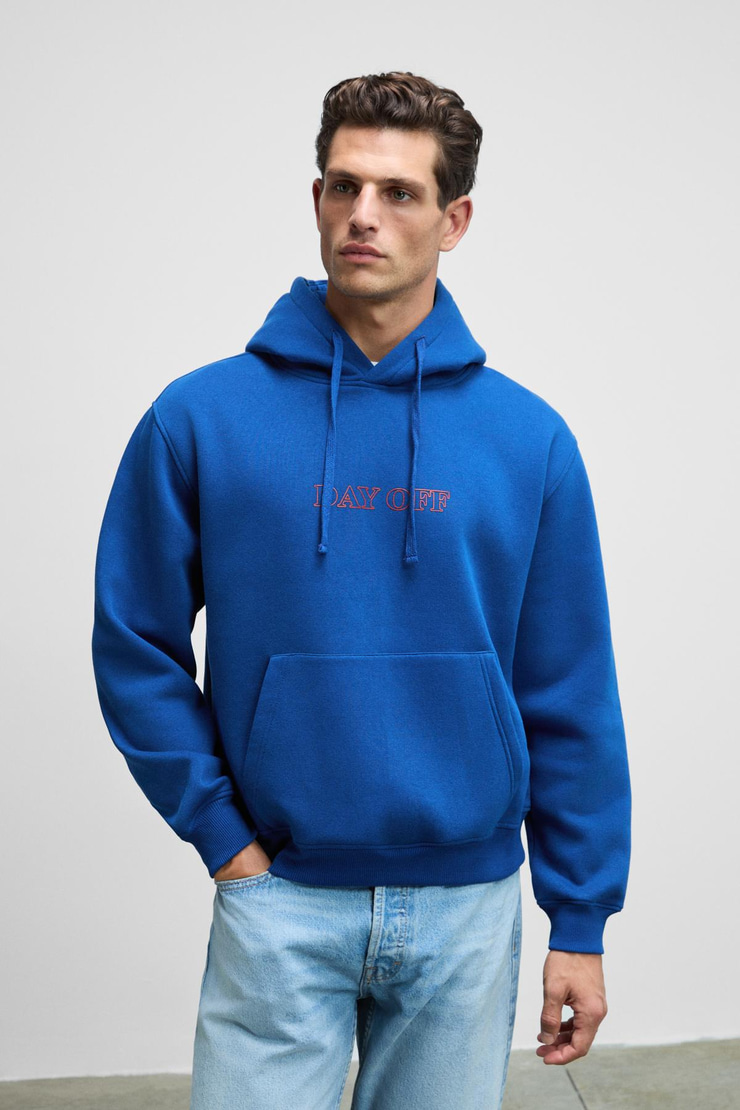 BLAISE Erkek Önü Ve Sırtı Baskılı Kapüşonlu Kordonlu Kanguru Cepli Regular Fit Mavi Sweatshirt