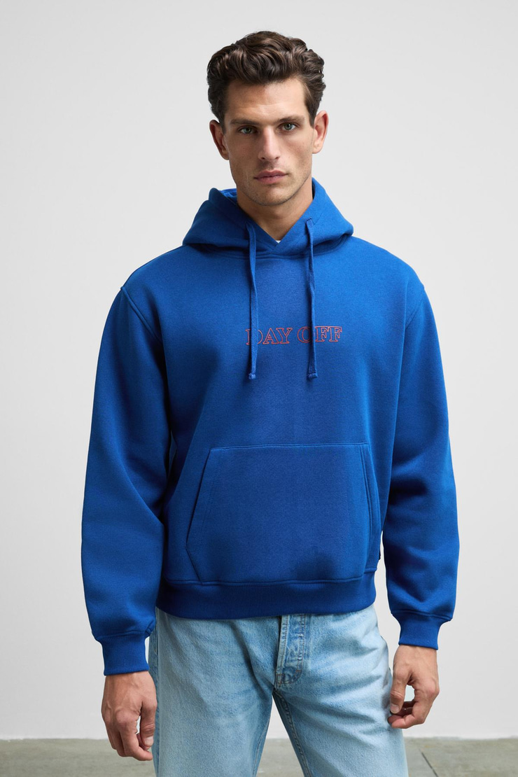 BLAISE Erkek Önü Ve Sırtı Baskılı Kapüşonlu Kordonlu Kanguru Cepli Regular Fit Mavi Sweatshirt