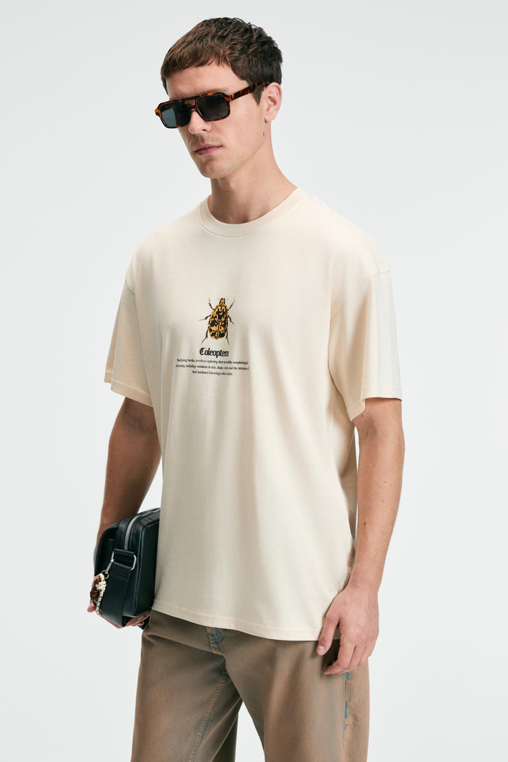 BOLD Erkek %100 Pamuk Oversize Fit Baskılı Kısa Kollu Yuvarlak Yakalı Vanilya T-Shirt