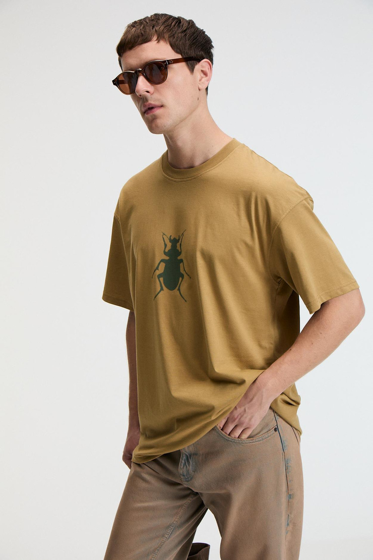 BOLD Erkek %100 Pamuk Oversize Fit Baskılı Kısa Kollu Yuvarlak Yakalı Koyu Bej T-Shirt