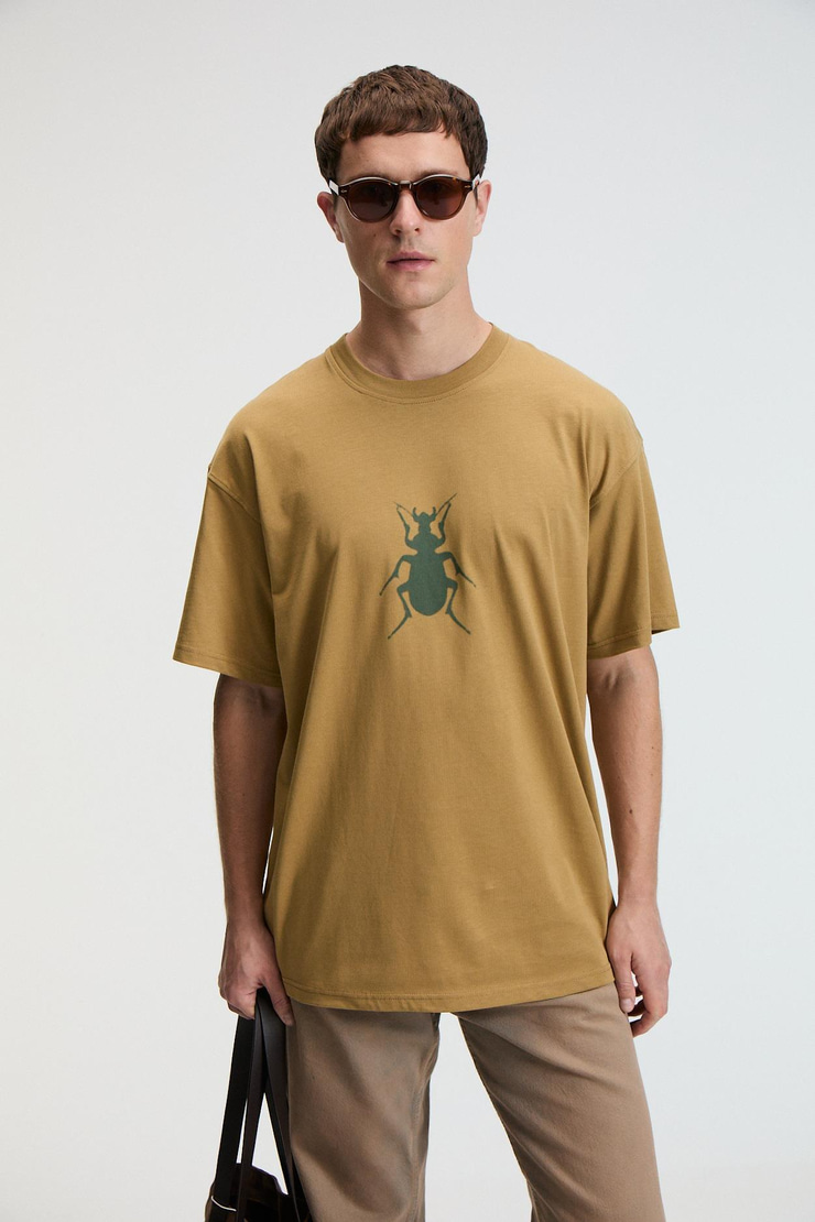 BOLD Erkek %100 Pamuk Oversize Fit Baskılı Kısa Kollu Yuvarlak Yakalı Koyu Bej T-Shirt