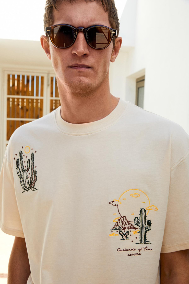 BOLICHE Erkek Bisiklet Yaka %100 Organik Pamuklu Oversize Fit Açık Bej T-Shirt