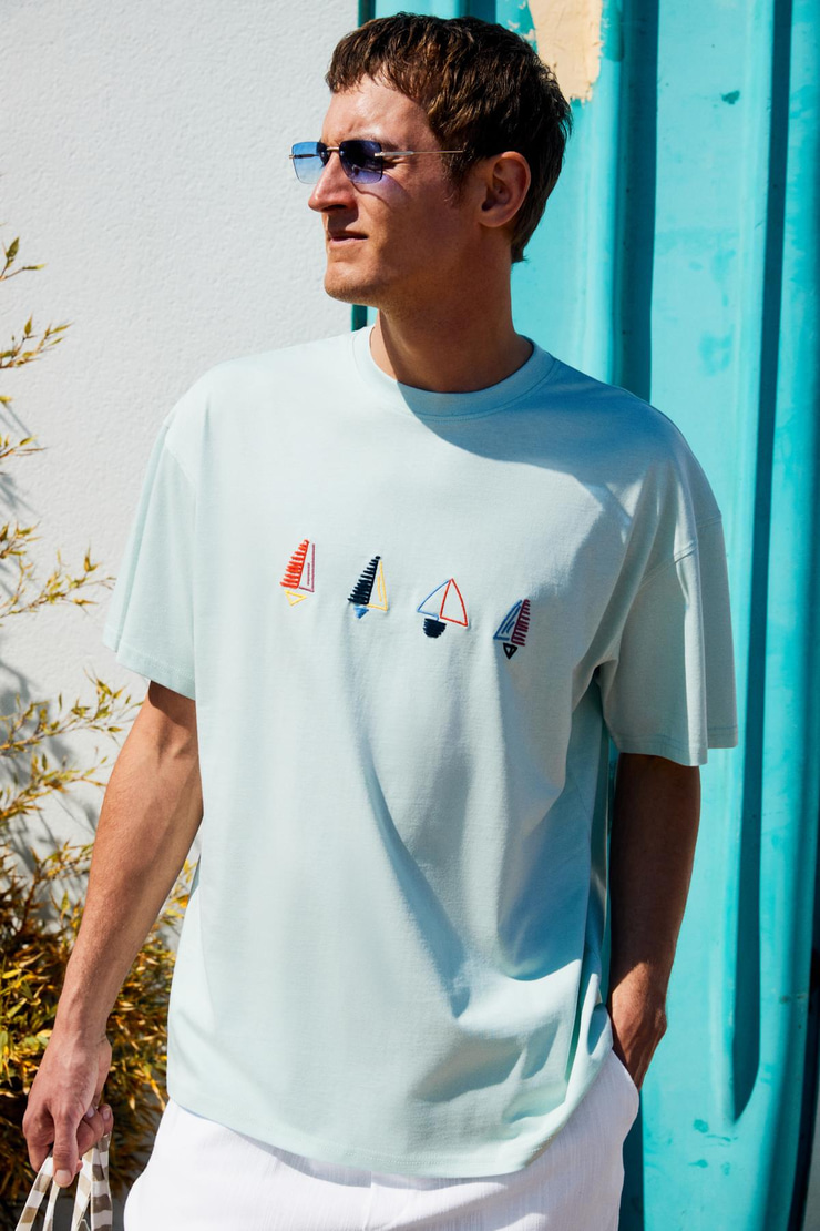 BOLICHE Erkek Bisiklet Yaka %100 Organik Pamuklu Oversize Fit Açık Yeşil T-Shirt