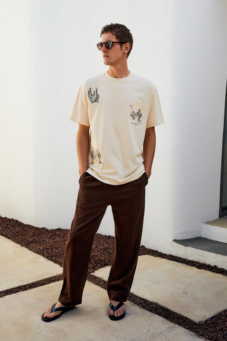 BOLICHE Erkek Bisiklet Yaka %100 Organik Pamuklu Oversize Fit Açık Bej T-Shirt