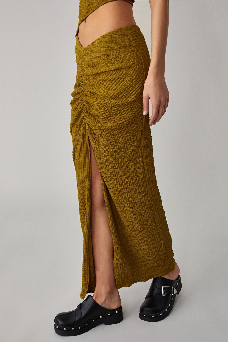 BONIA Kadın Slim Fit Örme Yırtmaç Detaylı Yeşil Etek