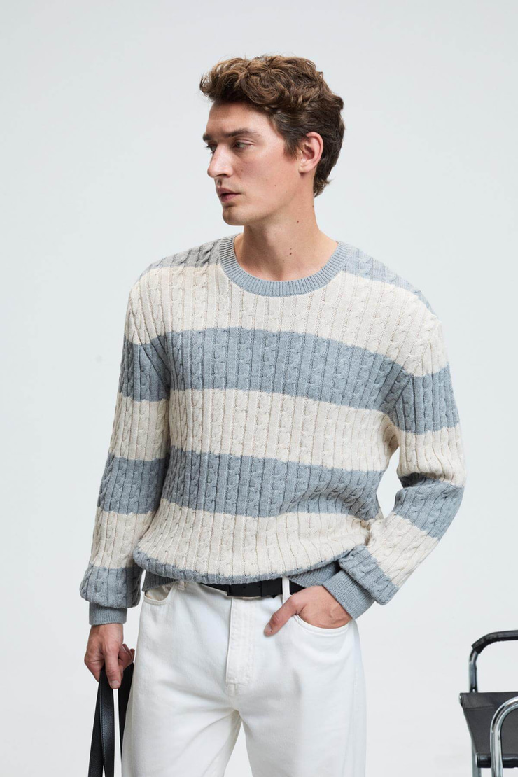 BRAID Erkek Yuvarlak Yaka Saç Örgü Desenli Regular Fit Grimelanj - Bej Kazak