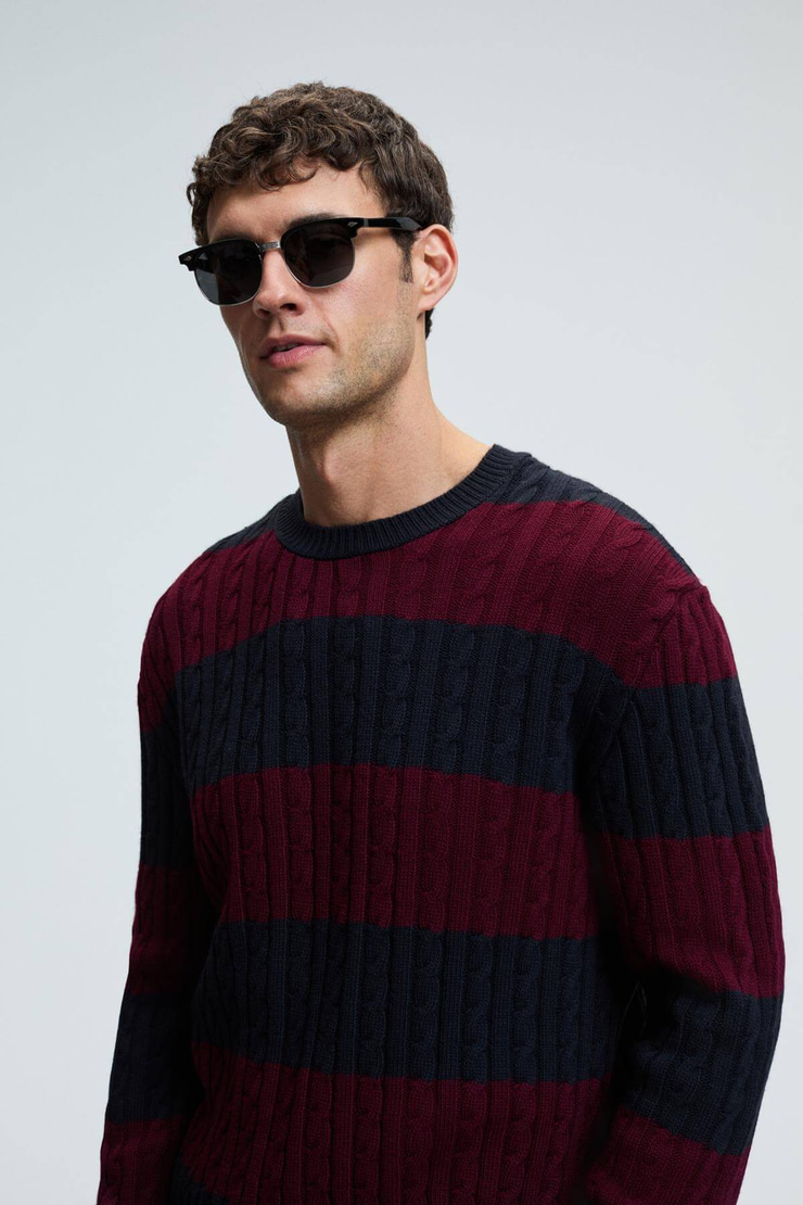 BRAID Erkek Yuvarlak Yaka Saç Örgü Desenli Regular Fit Bordo - Lacivert Kazak