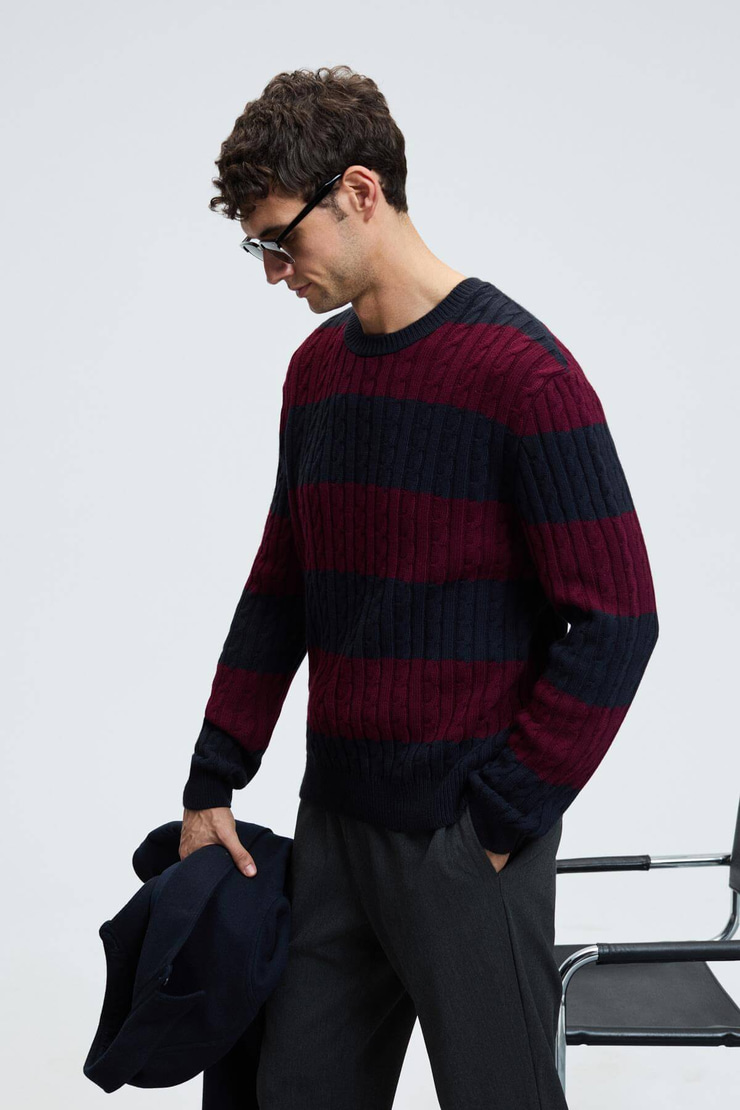 BRAID Erkek Yuvarlak Yaka Saç Örgü Desenli Regular Fit Bordo - Lacivert Kazak