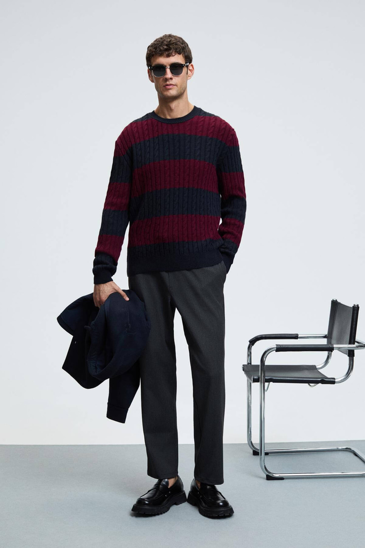 BRAID Erkek Yuvarlak Yaka Saç Örgü Desenli Regular Fit Bordo - Lacivert Kazak