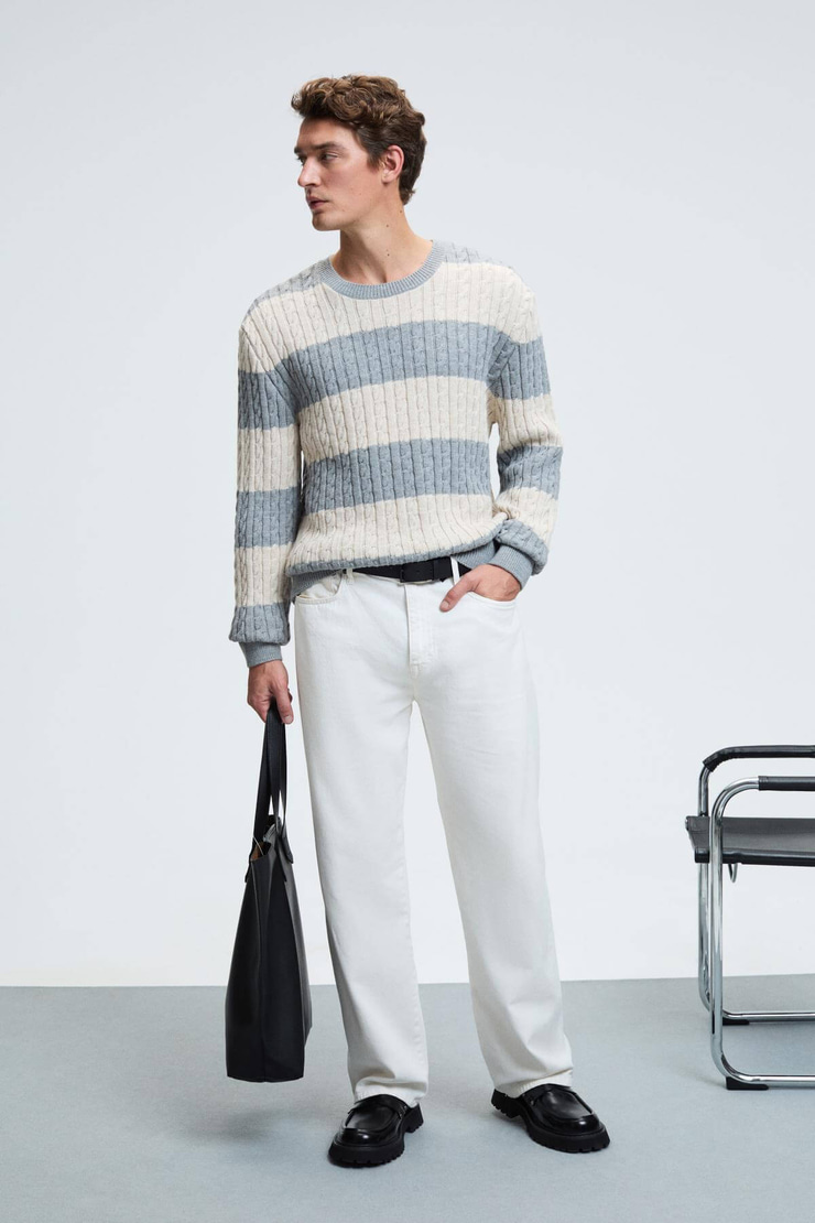 BRAID Erkek Yuvarlak Yaka Saç Örgü Desenli Regular Fit Grimelanj - Bej Kazak