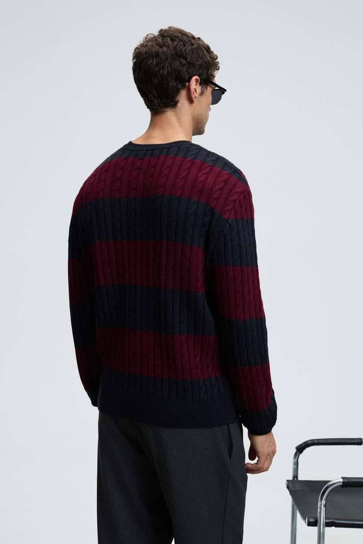 BRAID Erkek Yuvarlak Yaka Saç Örgü Desenli Regular Fit Bordo - Lacivert Kazak