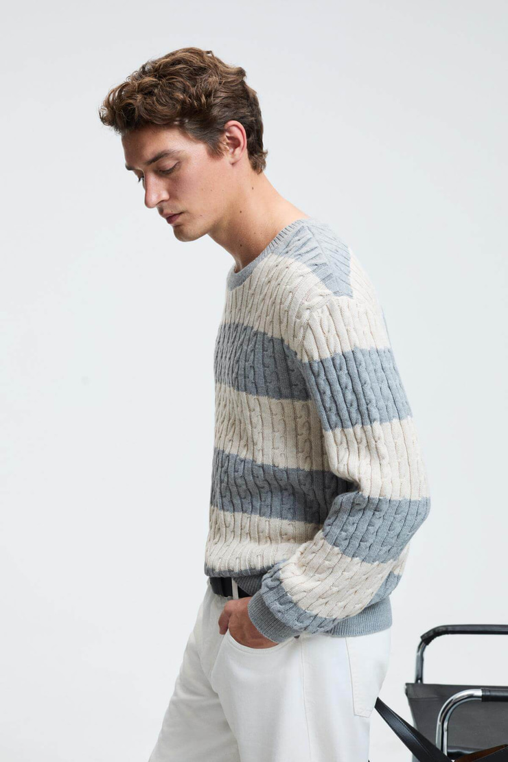 BRAID Erkek Yuvarlak Yaka Saç Örgü Desenli Regular Fit Grimelanj - Bej Kazak