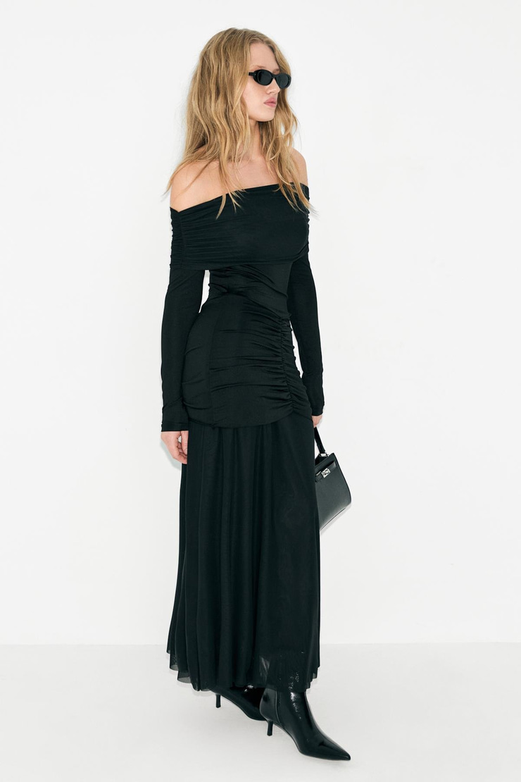BRILLANTE Kadın Omzu Açık Alt Etek Çift Katlı Mesh Detaylı Büzgülü Uzun Kollu Siyah Elbise