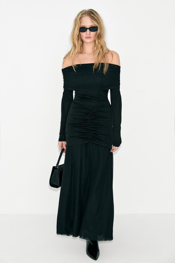 BRILLANTE Kadın Omzu Açık Alt Etek Çift Katlı Mesh Detaylı Büzgülü Uzun Kollu Siyah Elbise