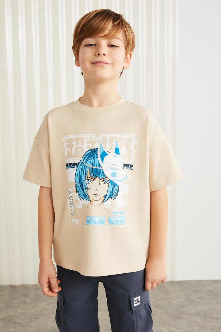 BRODERICK-GRM24013 100% pamuk baskılı  kısa kollu erkek çocuk t-shirt Bej T-Shirt