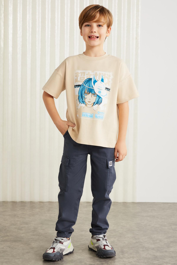 BRODERICK-GRM24013 100% pamuk baskılı  kısa kollu erkek çocuk t-shirt Bej T-Shirt