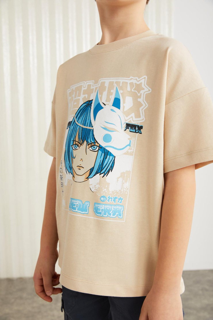 BRODERICK-GRM24013 100% pamuk baskılı  kısa kollu erkek çocuk t-shirt Bej T-Shirt