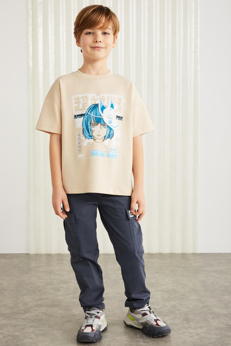 BRODERICK-GRM24013 100% pamuk baskılı  kısa kollu erkek çocuk t-shirt Bej T-Shirt