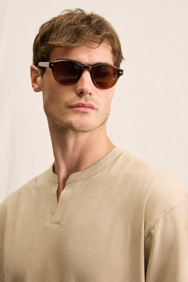 BRUCNATO Erkek Hakim Yaka Düğmesiz Kısa Patlı Kısa Kollu Relaxed Fit Bej T-Shirt