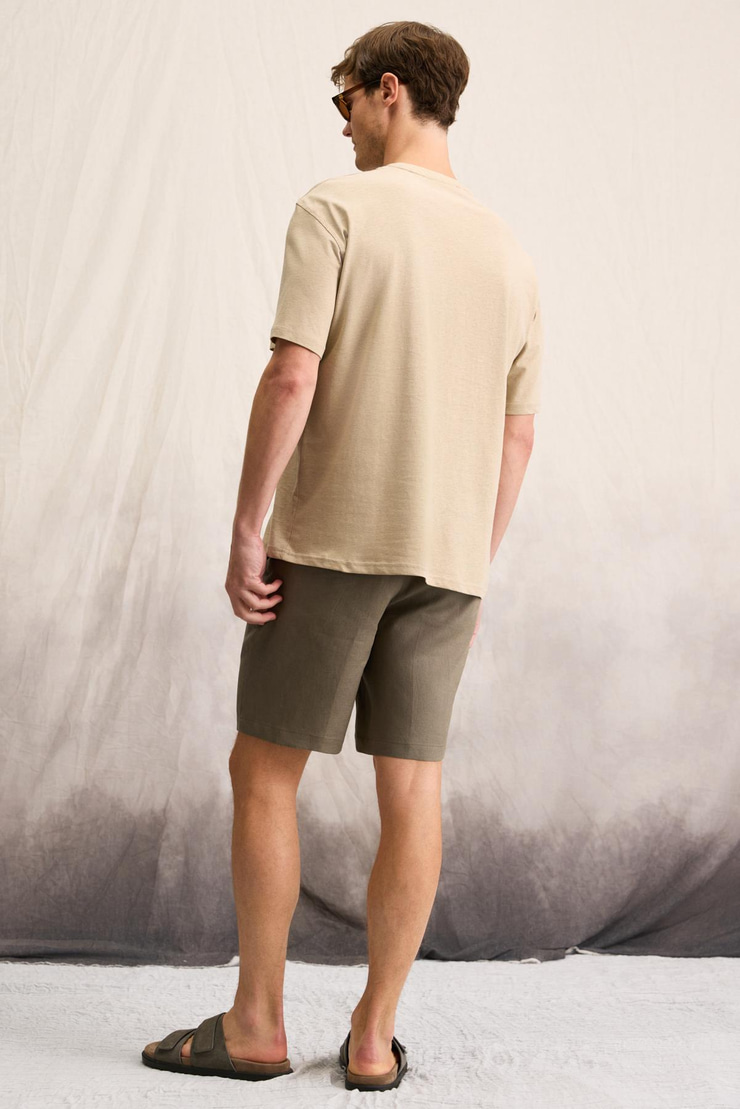 BRUCNATO Erkek Hakim Yaka Düğmesiz Kısa Patlı Kısa Kollu Relaxed Fit Bej T-Shirt