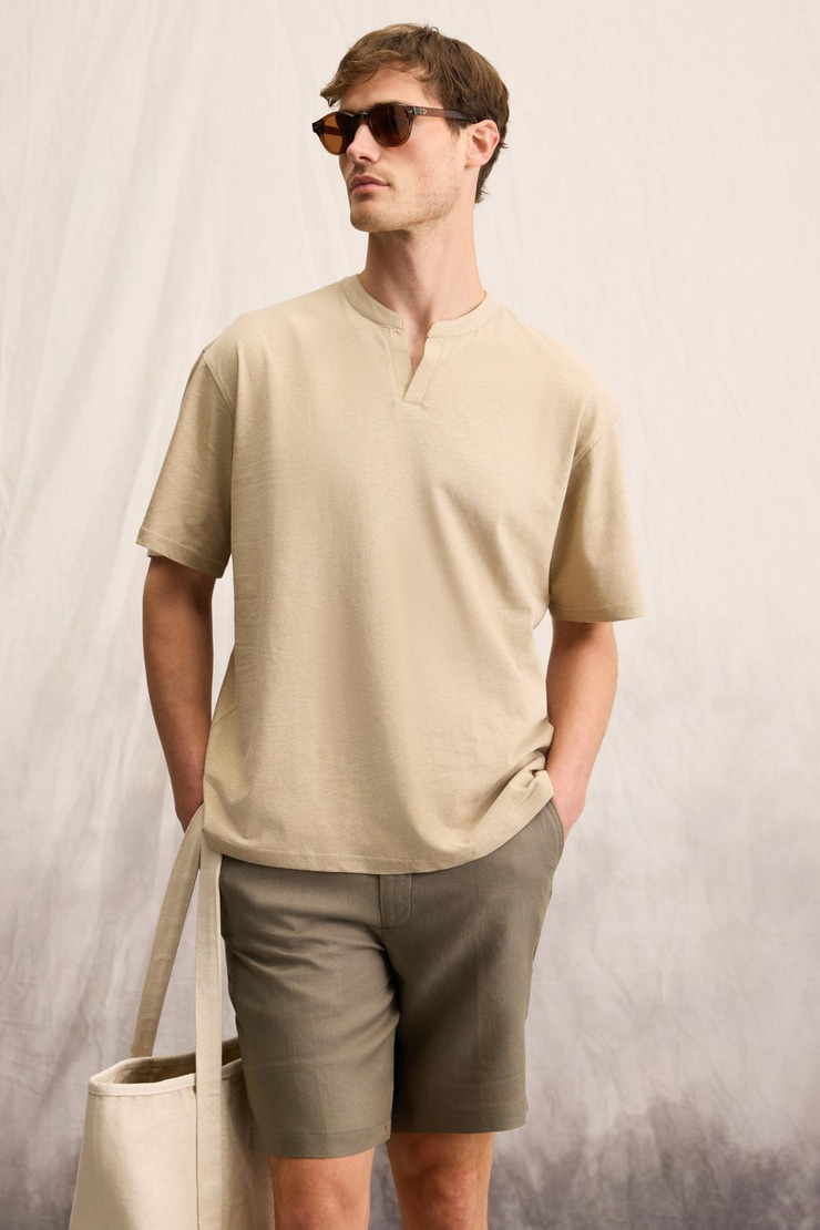 BRUCNATO Erkek Hakim Yaka Düğmesiz Kısa Patlı Kısa Kollu Relaxed Fit Bej T-Shirt