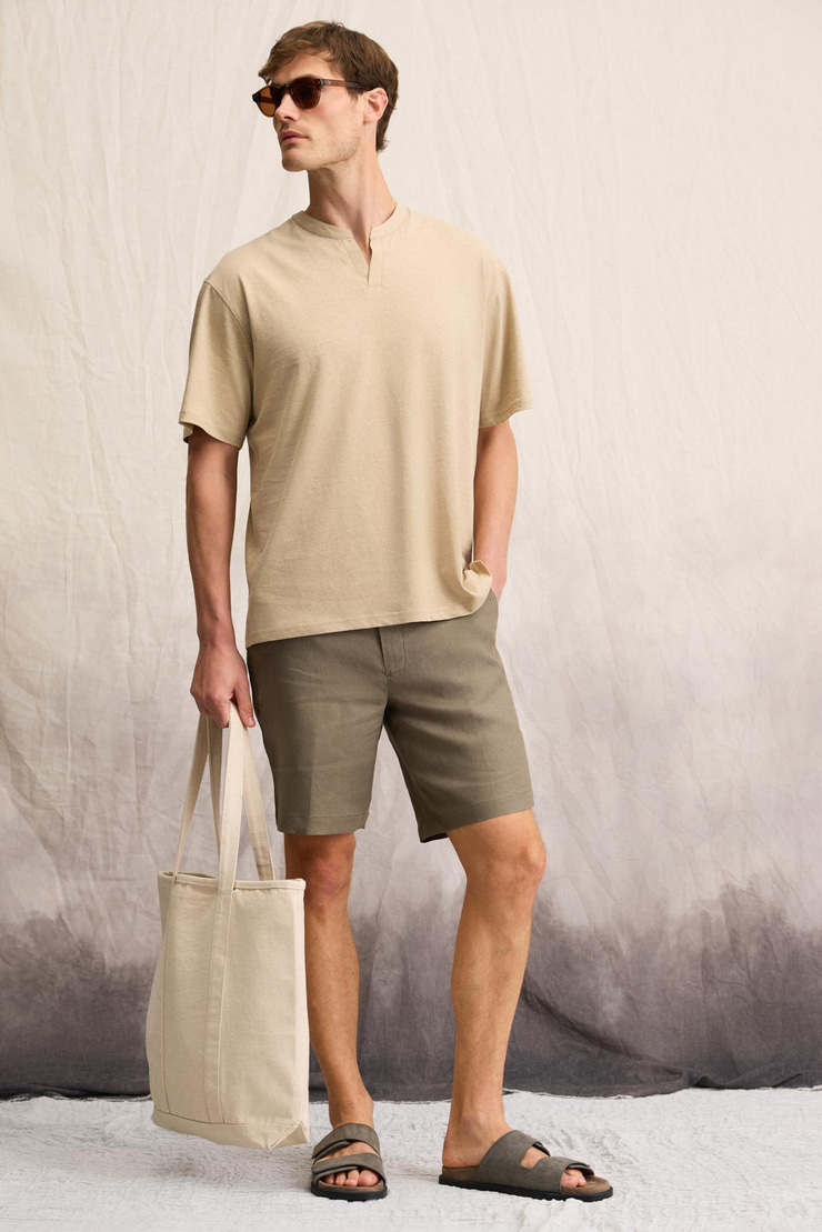 BRUCNATO Erkek Hakim Yaka Düğmesiz Kısa Patlı Kısa Kollu Relaxed Fit Bej T-Shirt