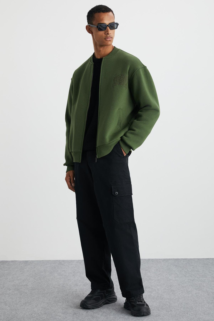 BURENIA Erkek Orgnaik Pamuklu Polarlı Kalın Kumaşlı Nakışlı Cepli Fermuarlı Bomber Haki Ceket