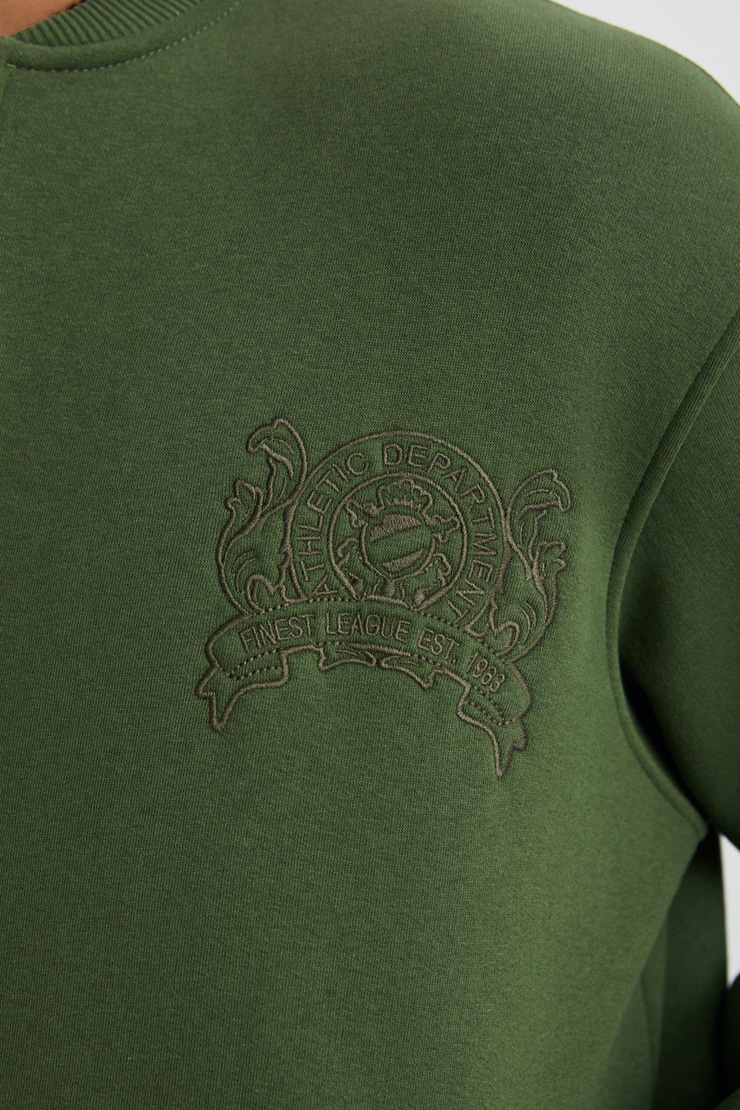 BURENIA Erkek Orgnaik Pamuklu Polarlı Kalın Kumaşlı Nakışlı Cepli Fermuarlı Bomber Haki Ceket