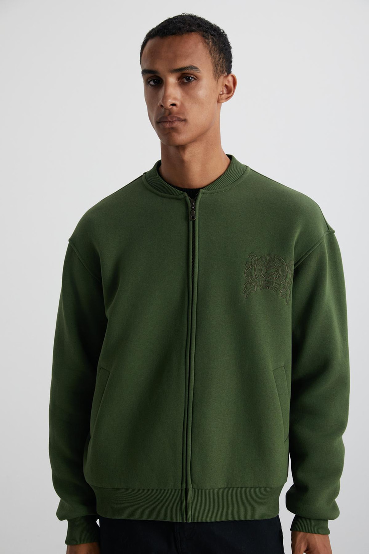 BURENIA Erkek Orgnaik Pamuklu Polarlı Kalın Kumaşlı Nakışlı Cepli Fermuarlı Bomber Haki Ceket