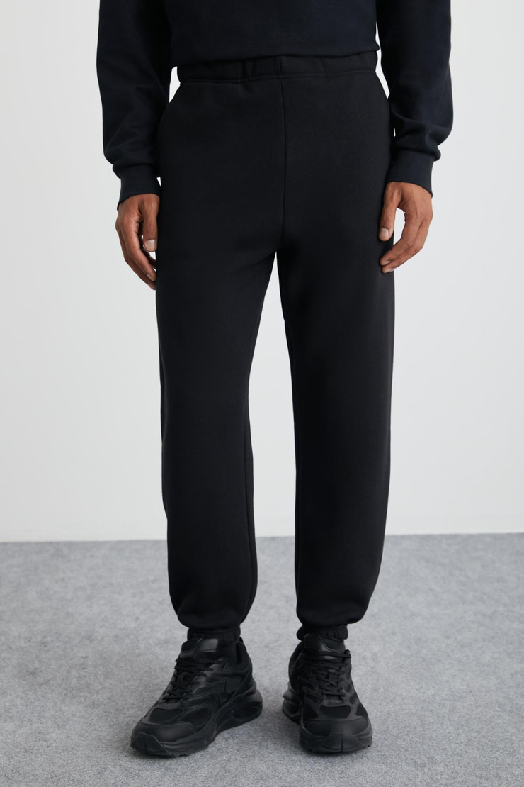 BURNHAM Erkek Organik Kumaşlı İçi Polarlı Rahat kesim Paçası Lastikli Jogger Siyah Eşofman Altı