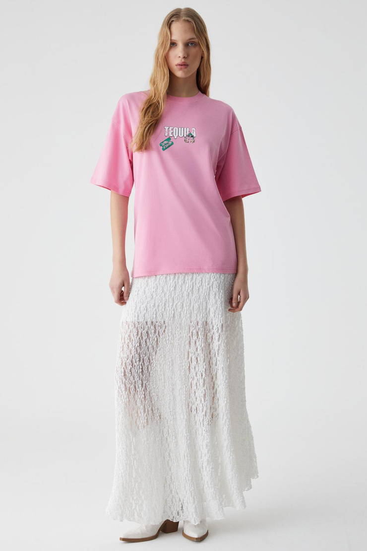 CAITLYN Kadın Oversize Bisiklet Yaka Pembe T-Shirt