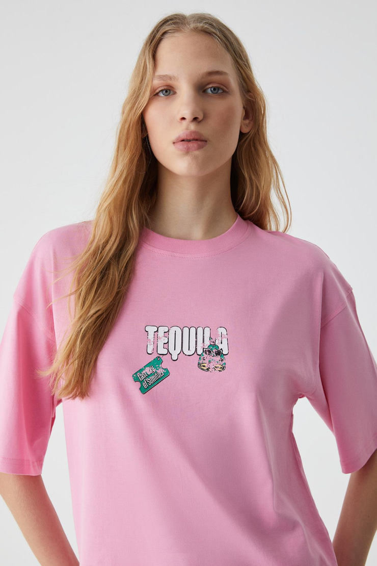 CAITLYN Kadın Oversize Bisiklet Yaka Pembe T-Shirt