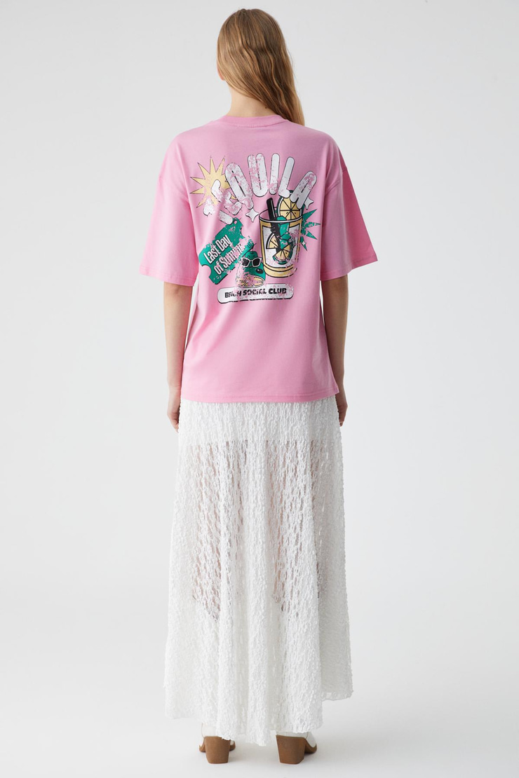 CAITLYN Kadın Oversize Bisiklet Yaka Pembe T-Shirt