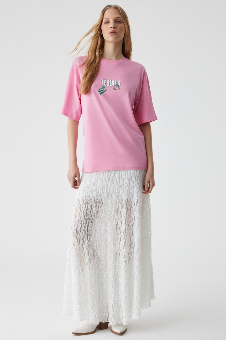 CAITLYN Kadın Oversize Bisiklet Yaka Pembe T-Shirt