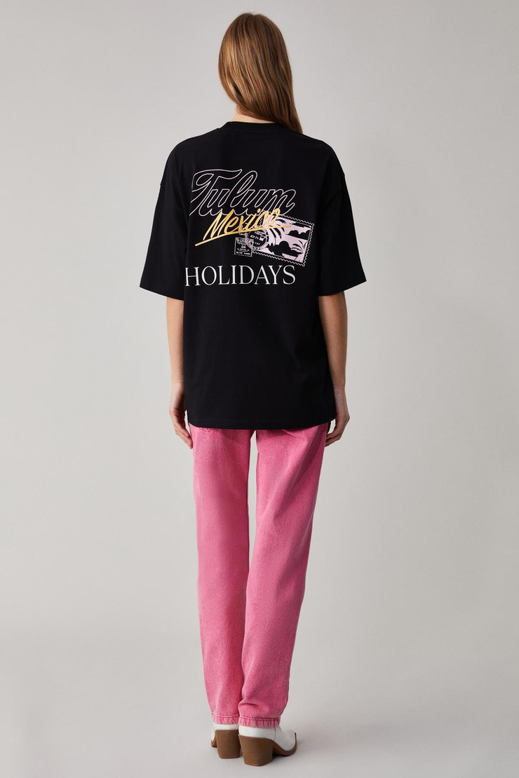 CAITLYN Kadın Oversize Bisiklet Yaka Siyah T-Shirt