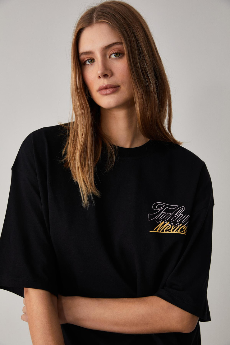 CAITLYN Kadın Oversize Bisiklet Yaka Siyah T-Shirt