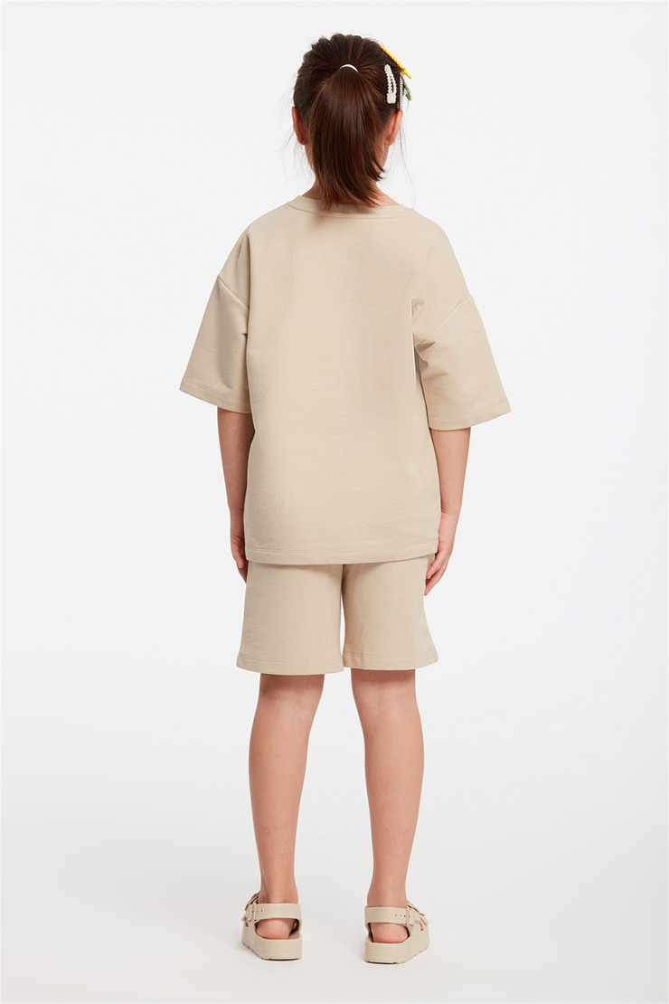 CALI Çocuk Bej Nakışlı-İşlemeli Yuvarlak Yaka Comfort Fit Eşofman Takımı