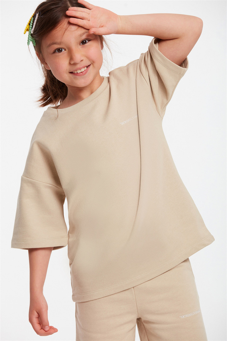 CALI Çocuk Bej Nakışlı-İşlemeli Yuvarlak Yaka Comfort Fit Eşofman Takımı