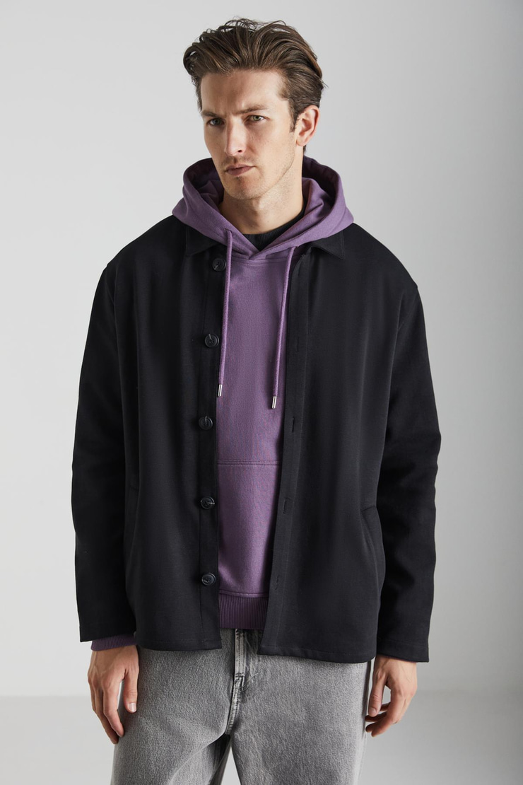 CALIANTE Erkek Skuba İnterlok Kumaşlı Organik Pamuklu Düğmeli Cepli Şık Gömlek Tipi Siyah Ceket