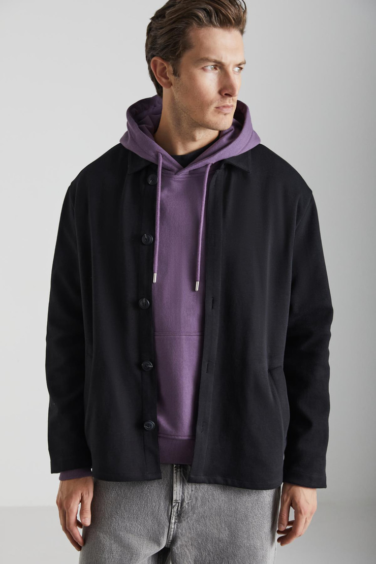 CALIANTE Erkek Skuba İnterlok Kumaşlı Organik Pamuklu Düğmeli Cepli Şık Gömlek Tipi Siyah Ceket