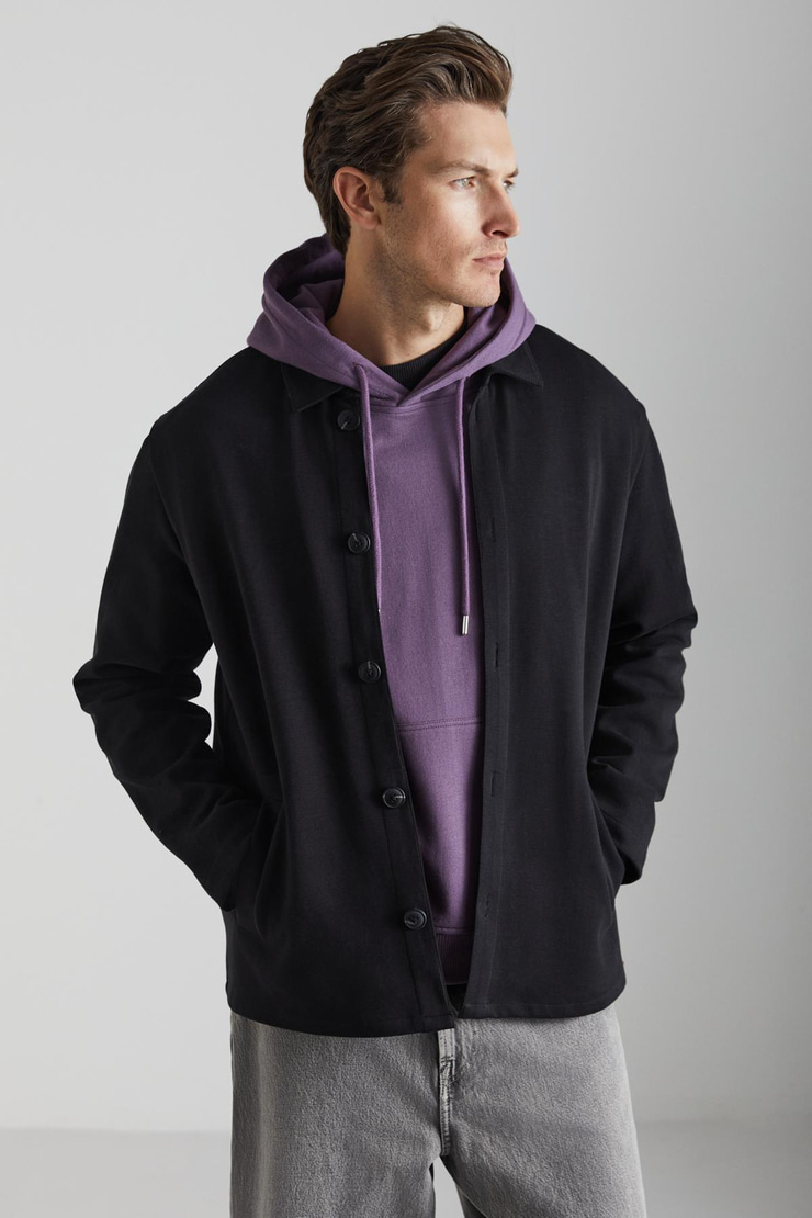 CALIANTE Erkek Skuba İnterlok Kumaşlı Organik Pamuklu Düğmeli Cepli Şık Gömlek Tipi Siyah Ceket