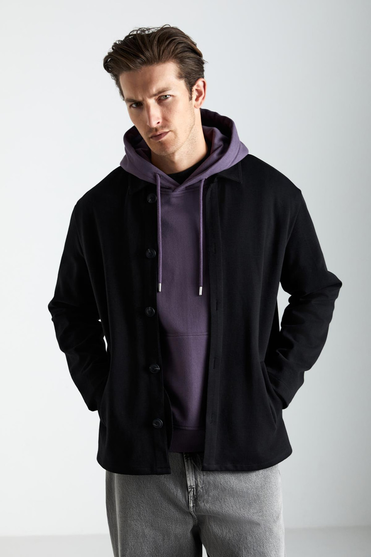 CALIANTE Erkek Skuba İnterlok Kumaşlı Organik Pamuklu Düğmeli Cepli Şık Gömlek Tipi Siyah Ceket