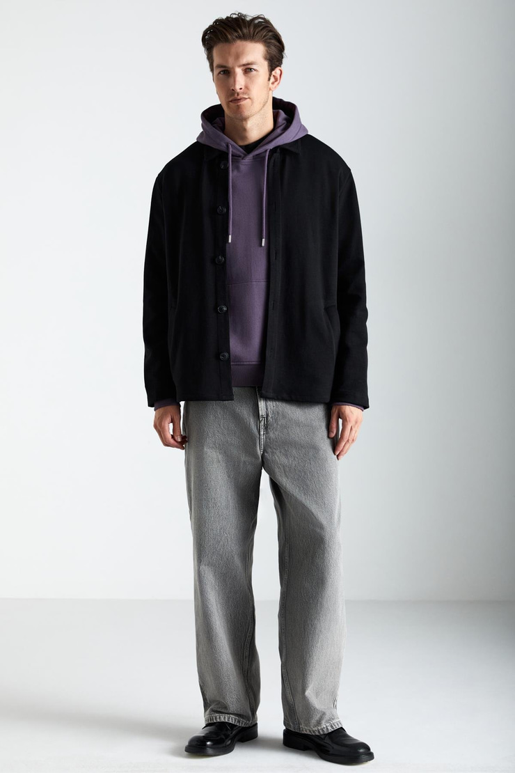 CALIANTE Erkek Skuba İnterlok Kumaşlı Organik Pamuklu Düğmeli Cepli Şık Gömlek Tipi Siyah Ceket