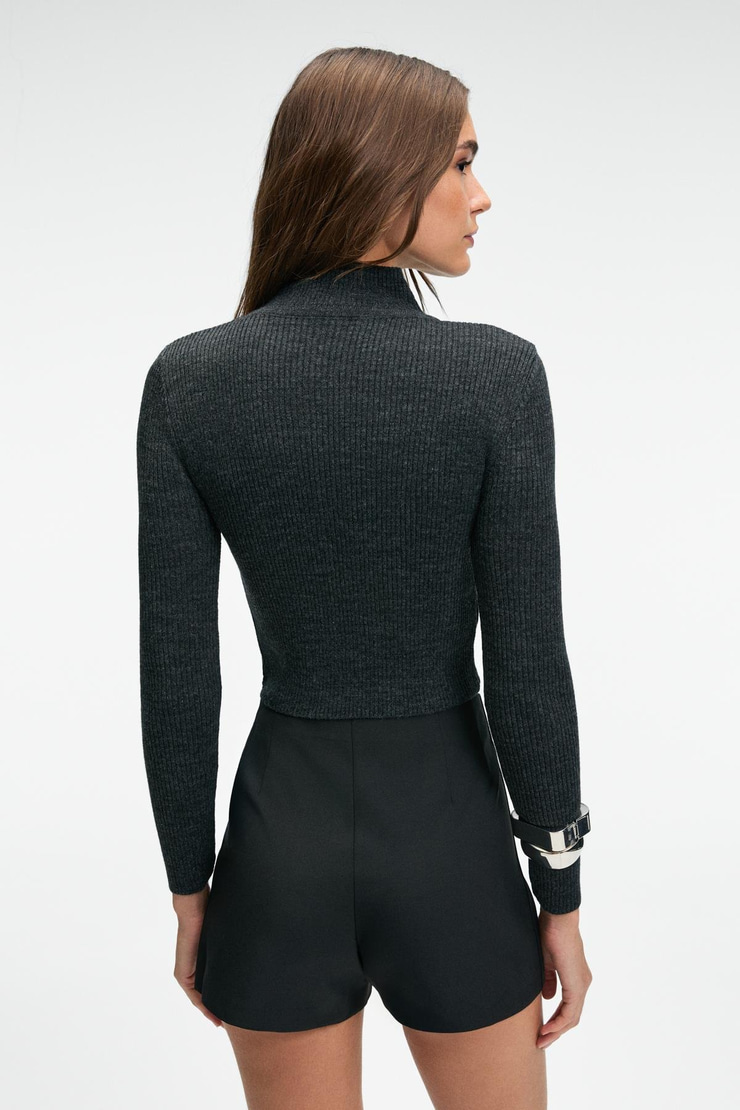 CALIDA Kadın Dik Yaka Fitilli Görünümlü Slim Fit Triko Antrasit Kazak