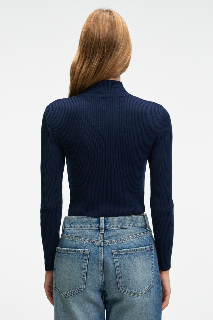 CALIDA Kadın Dik Yaka Fitilli Görünümlü Slim Fit Triko Lacivert Kazak