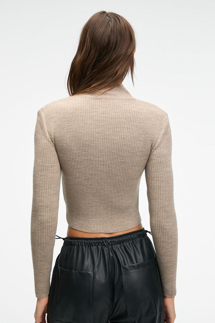 CALIDA Kadın Dik Yaka Fitilli Görünümlü Slim Fit Triko Bej Kazak